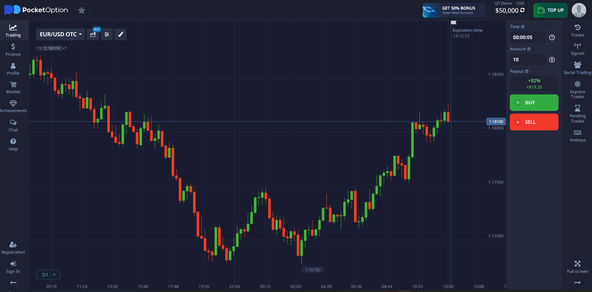 Plataforma Pocket Option — interface de trading EUR/USD OTC com gráfico de candlestick